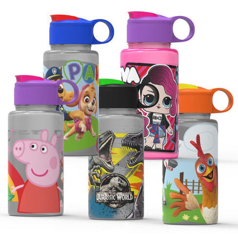 Set 5 Vasos Botella Personajes Infantiles Flip Top 500ml 