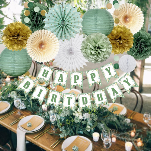 Decoraciones De Fiesta Verde Salvia Y Dorado Para Cumpleaños