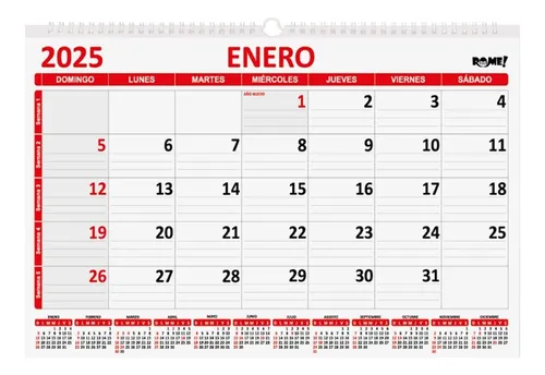 Calendario 2025 A3 Apaisado 42 Cm X 29,7 Cm Rojo Rome 