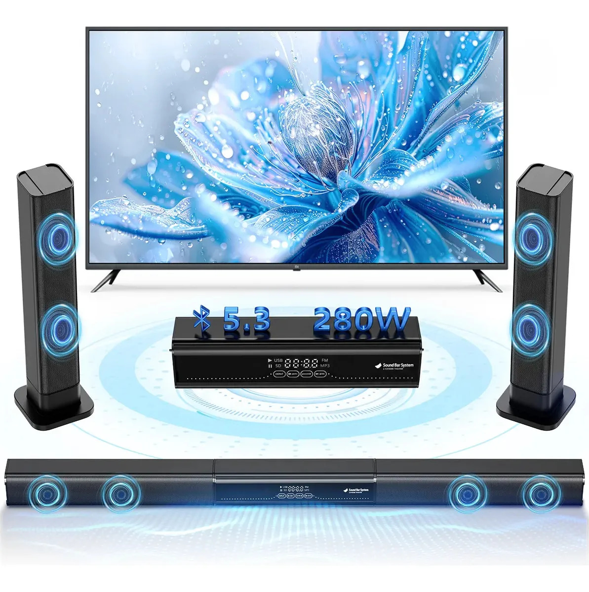 Barra de Sonido Con 280W Barras 4.0 Canales Teatro en Casa Beaowink Desmontable en Tres Partes Tecnología DSP Conector HDMI-ARC/AUX/USB/Coaxial/Optical Home Theater Con Bluetooth 5