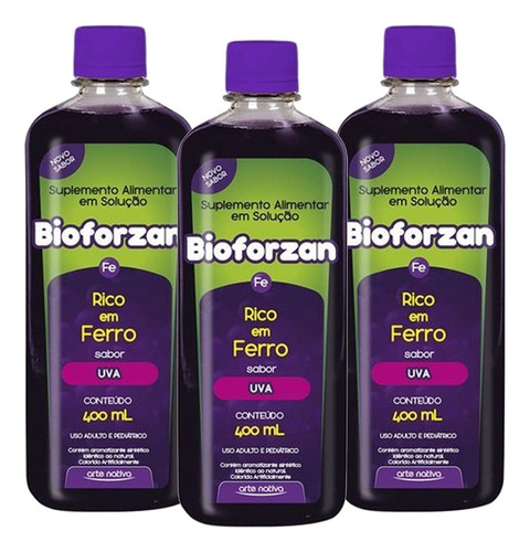 Bioforzan 400ml Suplemento Sabor Uva Arte Nativa Kit Com 3un