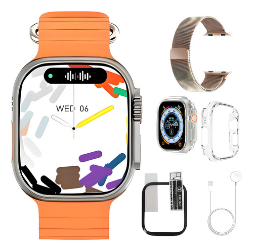 Smartwatch W69+ Ultra Com 2 Pulseiras Nfc Tela Super Amoled Caixa Preto Pulseira Laranja Bisel Preto Desenho Da Pulseira Mesh