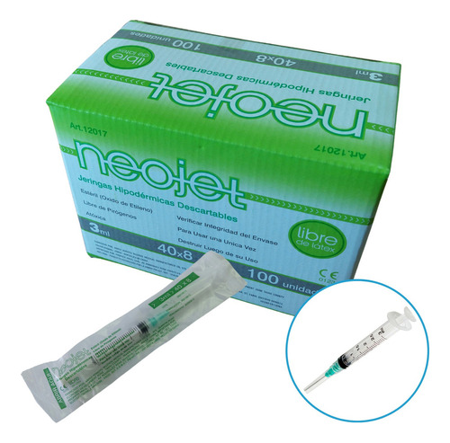 Jeringa De 3ml Con Aguja Verde 40/8 Esterilizadas Caja X100 Capacidad En Volumen 3 Ml