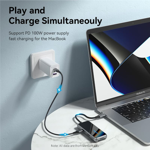 Hub Usb Multipuerto Vention - 7 En 1 - Usb C A Hdmi + 3 Puertos Usb 3.0 + Lector De Tarjetas Sd Tf + Power Delivery 100w Usb C - 4k - Carcasa Aluminio - 15 Cm - Premium Para Pc / Mac / Laptop - Tfmhb