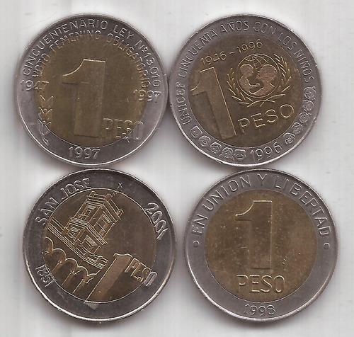 4 Monedas De 1 Peso Eva, Mercosur, Unicef Y Urquiza (Usado)