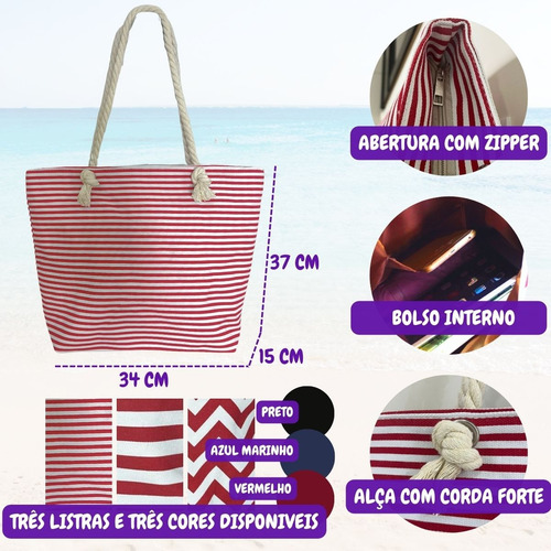 Bolsa De Praia Piscina Design Elegante Estiloso E Funcional Cor PRETO LISTRA FINA