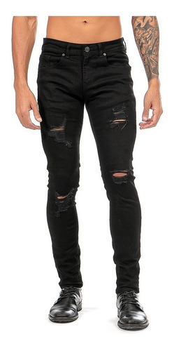 Imagen 1 de 8 de Jeans Mezclilla Stretch Negro Demolición Hombre