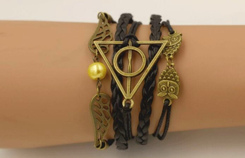 Imagem 2 de 4 de Pulseira Couro Harry Potter Pomo De Ouro Relíquias Da Morte