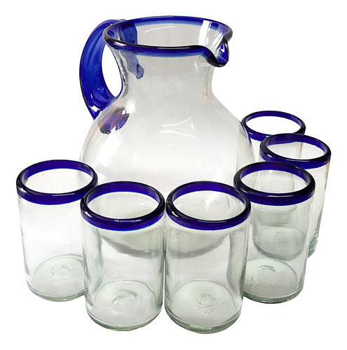 Set Jarra Y Vasos De Vidrio Artesanal Alta Calidad Azul