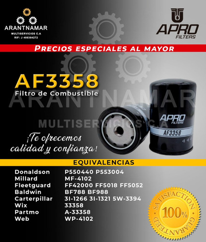 Filtro De Combustible Apro Af3358 33358 P550440 Bf788