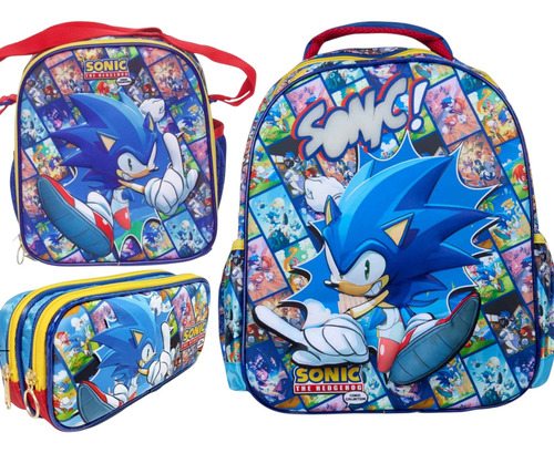 Combo Mochila Lonchera Lapicera Sonic 3d Luz Ruz Original Ms