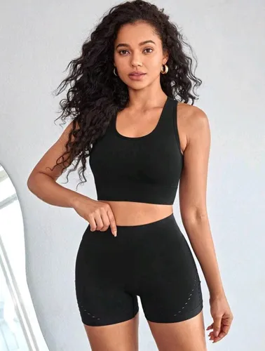 Conjunto Deportivo Biker + Crop Top Push Up Negro - Ref 5165