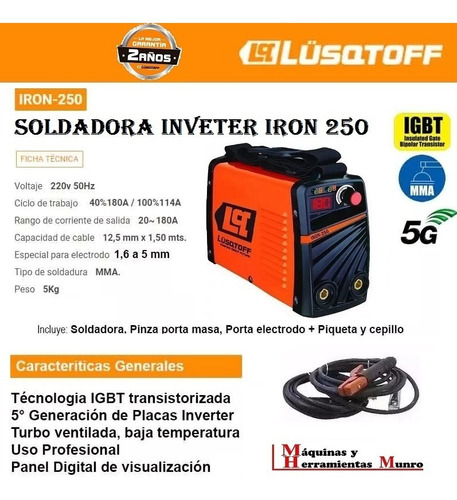 Soldadora Inverter Iron 250 Tecnologia Igbt Lusqtoff 180 Ampers + 1 Kg De Electrodos 6013 Envio Gratis
