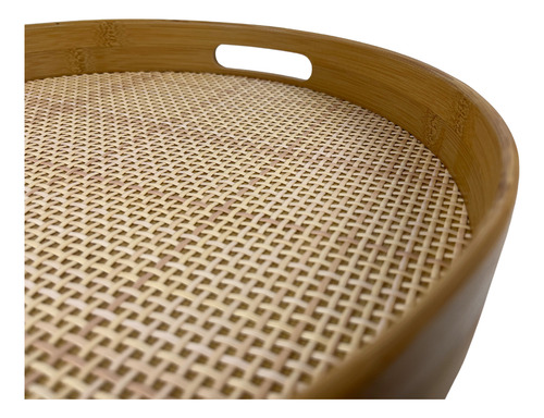 Bandeja Bambu Queimado Textura Xadrez Redonda 35cm Oikos