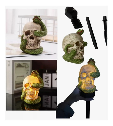 Lámpara Recargable Solar Diseño Halloween Con Estaca Jardin Craneo Serpiente