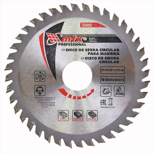 Disco Serra Madeira Para Lixadeira 110mm 40dentes Furo 22.2 