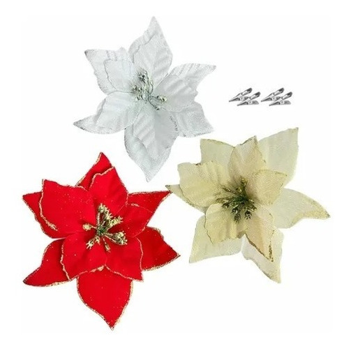 Flores Navideñas Con Clip 15cm Adorno Navidad Pack X10 | Cuotas sin interés