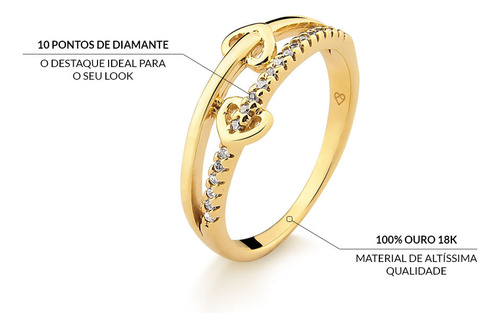 Anel Com Corações Em Ouro 18k Com 10 Pontos De Diamante Aro