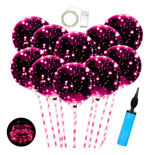 10 Globos Burbuja Cristal Led Rosa Palito Inflador Microled