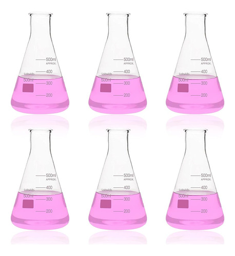 6 Frascos Erlenmeyer Vidrio Borosilicato 500ml Boca Estrecha