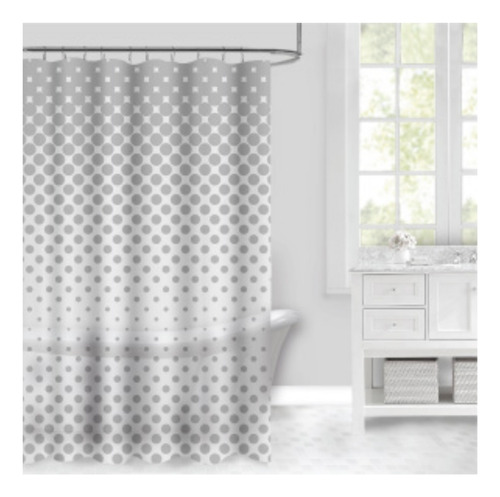 Set Combo Cortina Baño Estampada + Alfombra Shaggy + Ganchos Gris Claro