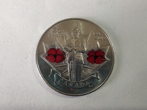 Moneda Canadá 25 Cents 2010 Segunda Guerra Color(x1165