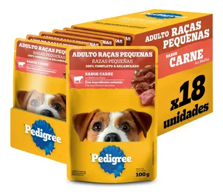 Ração Úmida Pedigree para Cães Adultos Raças Pequenas Sachês Carne 100g - Caixa com 18 unidades