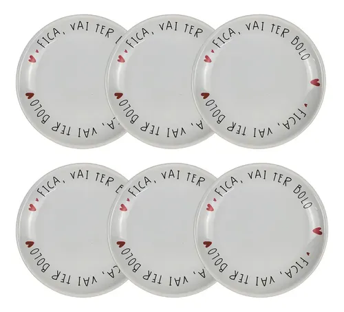 Kit Prato De ​Sobremesa Paula Presentes Cerâmica Branco Com Frase  Fica Vai Ter Bolo  De 16.5cm Frase Decorativa