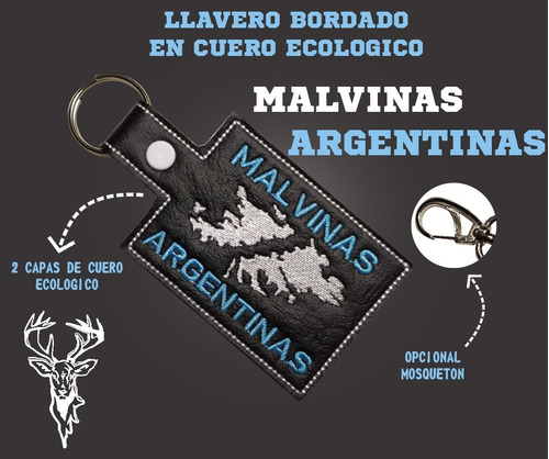 Imagen 2 de 4 de Llavero Malvinas Argentinas Islas Bordado Cuero Eco Argolla