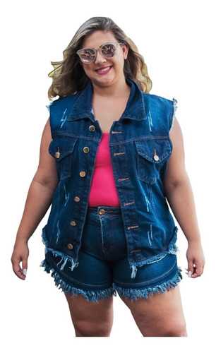 Imagem 2 de 4 de Colete Jeans Plus Size Desfiado Feminino Blusa Casaco Ate G5