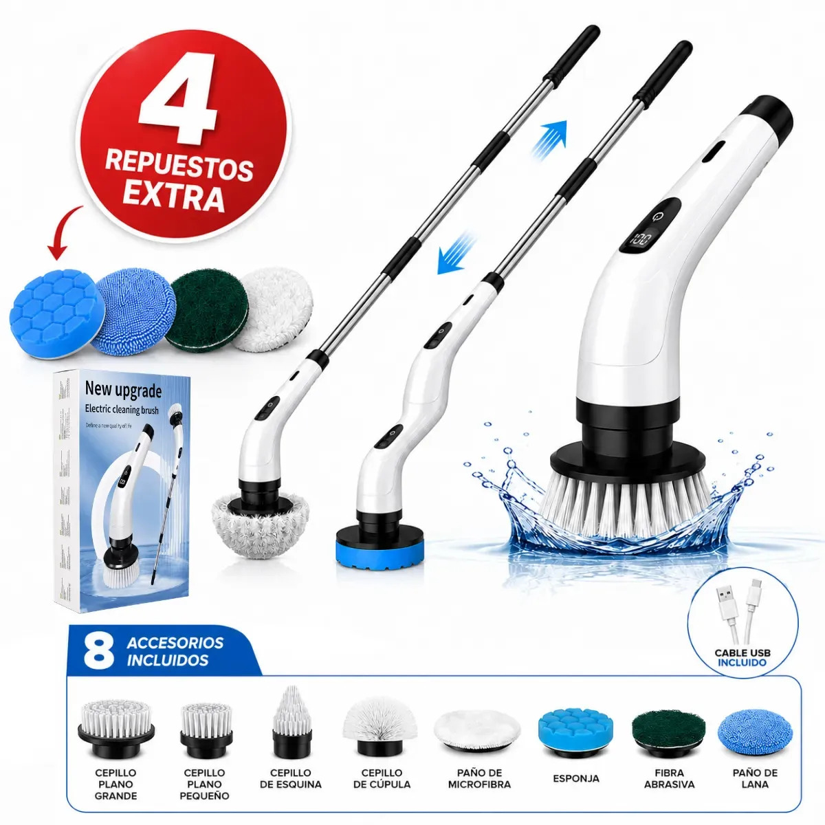 Cepillo Eléctrico Giratorio Recargable Limpieza 8 En 1 Con Mango Extensible Ajustable 8 Accesorios + 4 Pads Repuestos Extra Para Baño Cocina Pisos Azulejos Juntas Auto USB Inalámbrico 2500mAh