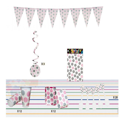 Decoración Tématica Polka Rosa Plateado Puntos Set X12