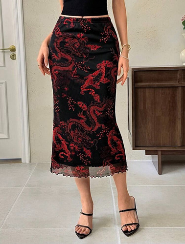 Pollera Falda Negra Oriental Dragones Delicada Importada