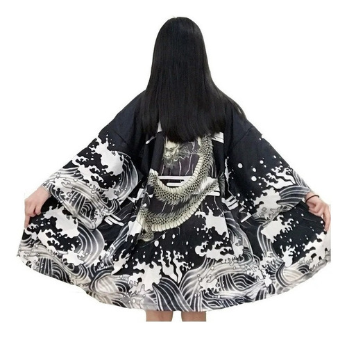 Kimono Japonés Mujer Largo Abrigo Yukata Dragon