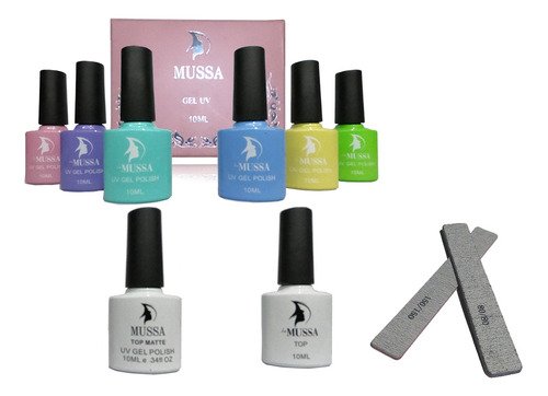 Kit Gel Gama 6 Piezas + Top + Top Mate + Limas Marca Mussa