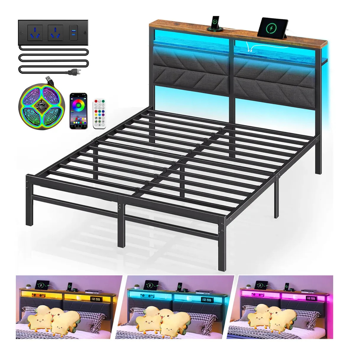 Cama Matrimonial Furrific con Cabecera Tapizada, Luces LED y Estación de Carga