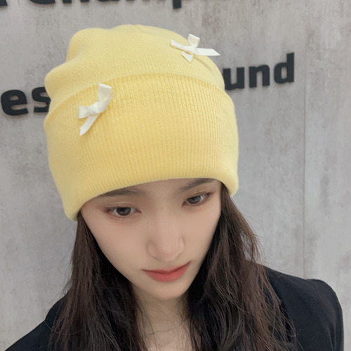 Gorro De Punto Con Lazo Para Mujer, Gorro De Punto, Amarillo