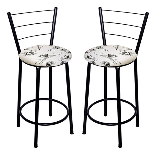 2 Banquetas Italia Média Assento 60cm - Fortmix Acabamento Da Estrutura Preto Cor Branco/floral