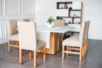 Comprar Combo Mesa Comedor + 6 Sillas Vestidas Color Haya Y Blanco Diseño De La Tela De Las Sillas Liso
