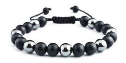 Pulsera Brazalete Piedras Naturales Negro Mate Y Acero