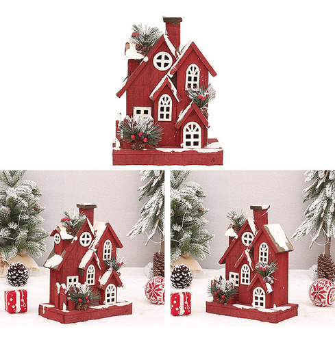 Casa Nieve Navideña Roja Con Luz Cálida Para Escritorio