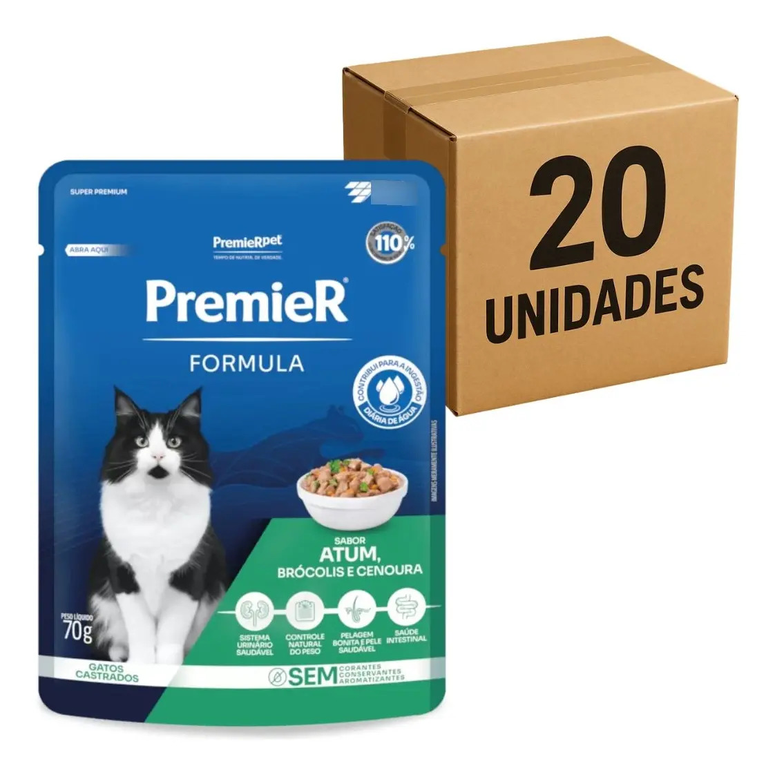 Kit 20 Sachês Premier Gatos Adultos Castrados Sabor Atum/Brócolis/Cenoura 70g