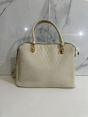 Cartera Semi Rigida Cuero Ecologico Divisiones Cierre Crema Crema Tramado Oro Crema