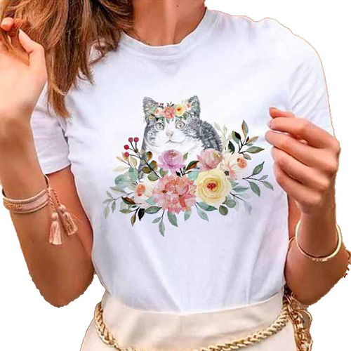 Remera Dama Mujer Street Mascota Con Flores Gato Gatito #05
