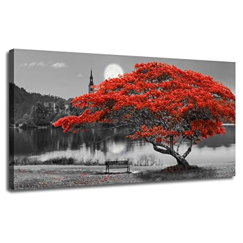 Cuadro De Arte De Árbol Rojo, Paisaje De Pintura De Li...