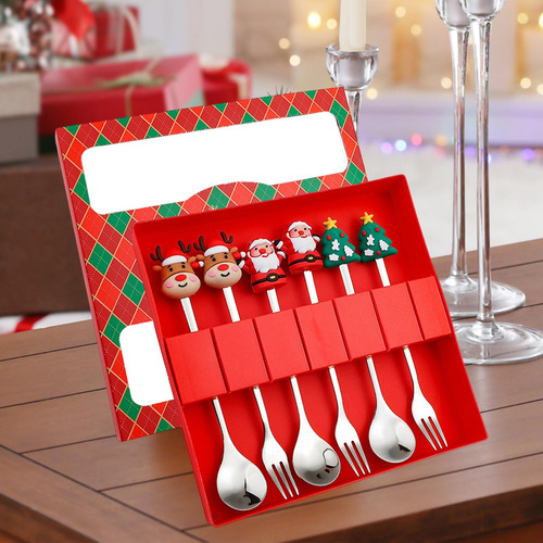 Juego De 6 Cucharas Y Tenedores Navideños Con Caja Rojo 6b