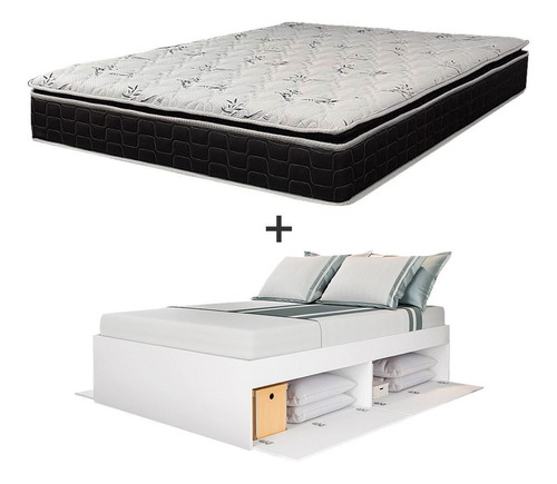 Sommier Cama De 2 Plazas Con Baul + Colchón D60 Pillow Top