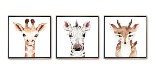 Set De 3 Cuadros Decorativos Animales Safari Incluye Marco