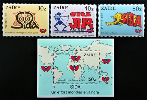 Zaire, Serie Yv 1248-50 + B43 Sida 1989 Mint L12596