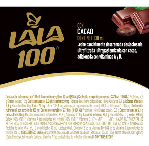 Lala 100 Leche Sin Lactosa Sabor Cacao. 20 Pzas De 330 Ml
